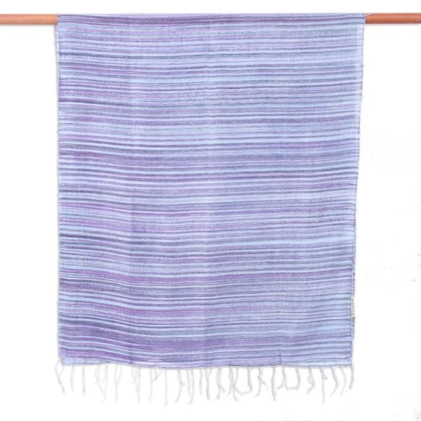 Alternate image for Handloomed Fringed Striped Blue, Grey and Purple Silk Scarf Night Iridescence