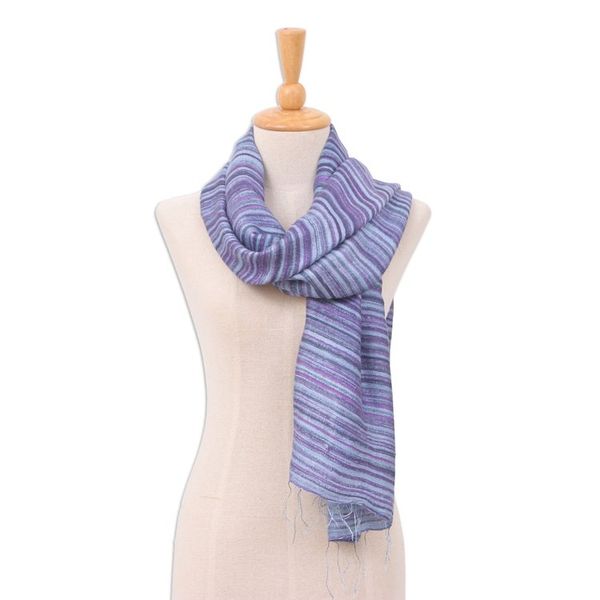 Alternate image for Handloomed Fringed Striped Blue, Grey and Purple Silk Scarf Night Iridescence