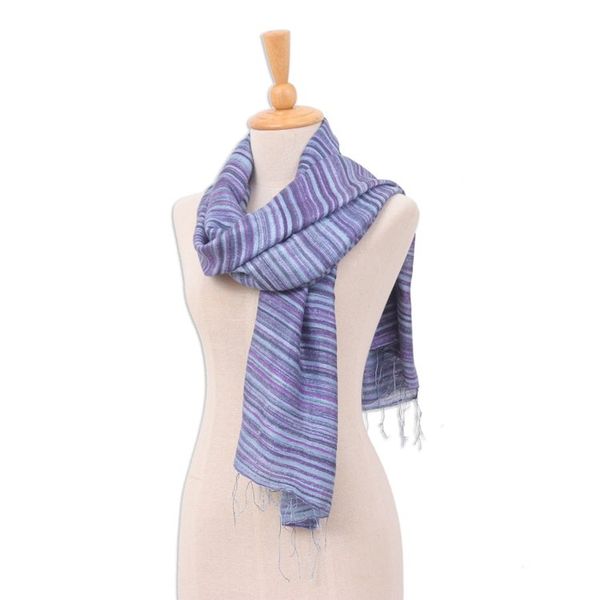 Alternate image for Handloomed Fringed Striped Blue, Grey and Purple Silk Scarf Night Iridescence