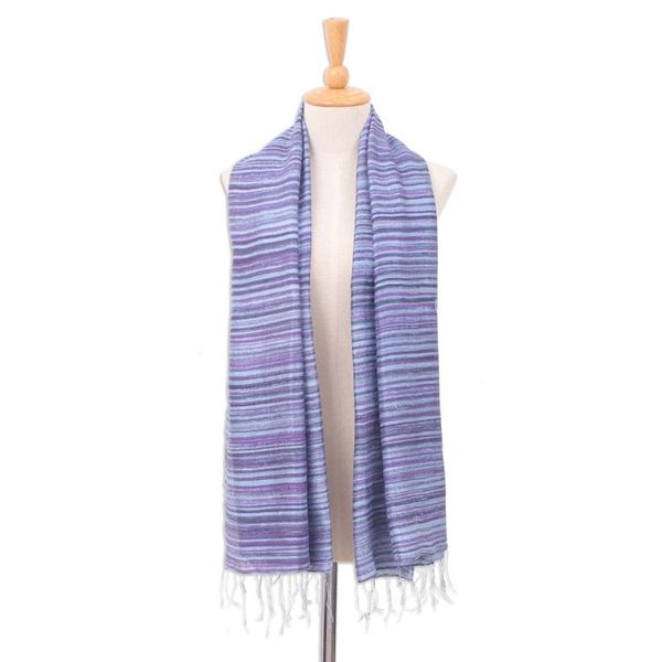 Alternate image for Handloomed Fringed Striped Blue, Grey and Purple Silk Scarf Night Iridescence