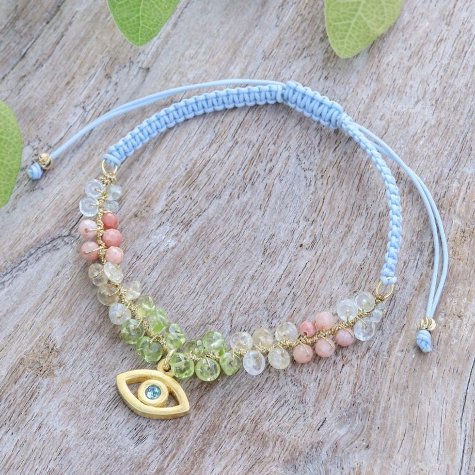 24k Gold-Accented Multi-Gemstone Evil Eye Pendant Bracelet 'Warding Eye'