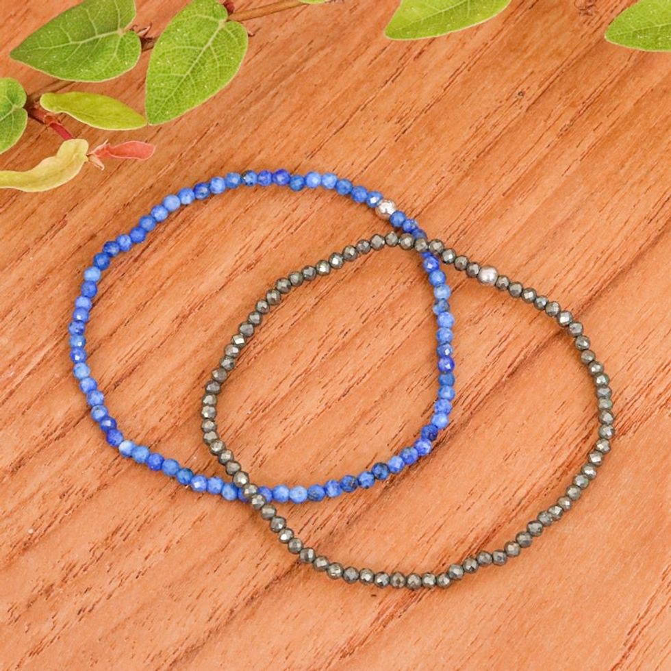 Pair of Lapis Lazuli and Pyrite Beaded Stretch Bracelets 'Double Lux'