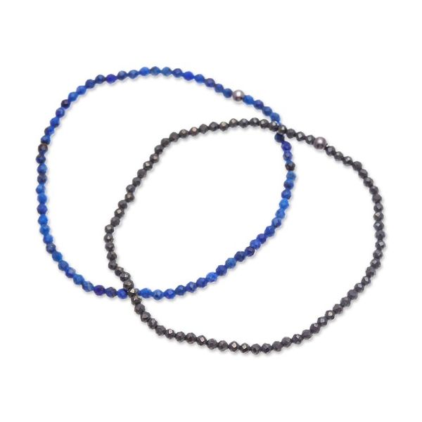 Alternate image for Pair of Lapis Lazuli and Pyrite Beaded Stretch Bracelets Double Lux