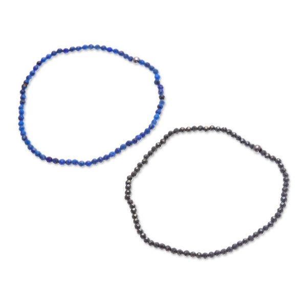 Alternate image for Pair of Lapis Lazuli and Pyrite Beaded Stretch Bracelets Double Lux