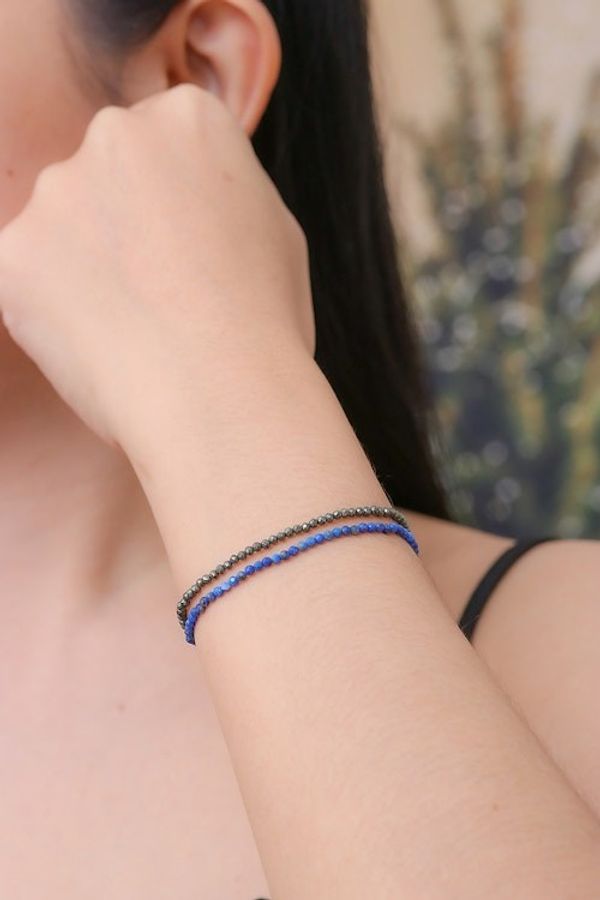 Alternate image for Pair of Lapis Lazuli and Pyrite Beaded Stretch Bracelets Double Lux