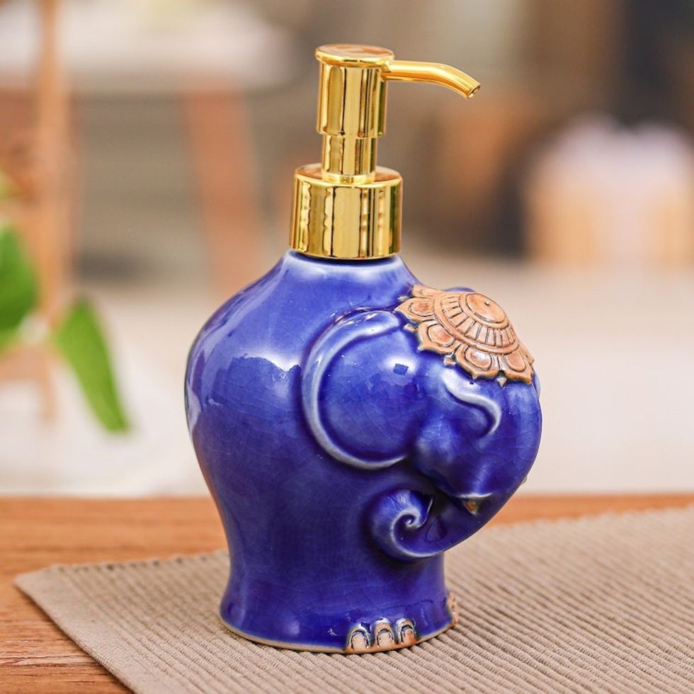 Elephant-Shaped Crackled Blue Celadon Ceramic Soap Dispenser 'Twilight Elephant'
