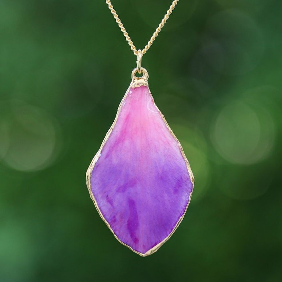 Fuchsia and Purple Petal 22k Gold-Accented Pendant Necklace 'Capricious Petal'