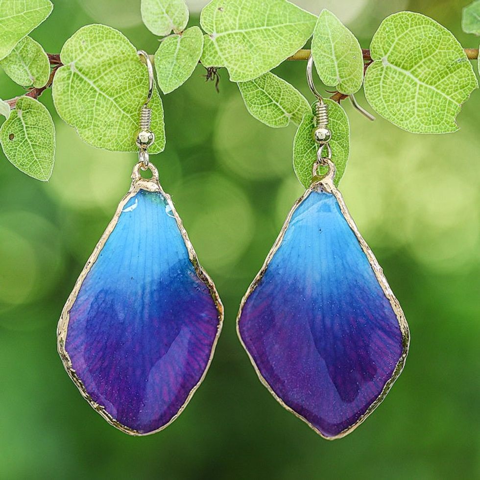Blue and Purple Orchid 22k Gold-Accented Dangle Earrings 'Oneiric Petal'