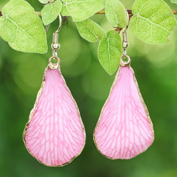 Alternate image for Soft-Pink Petal-Themed 22k Gold-Accented Dangle Earrings Dulcet Petal