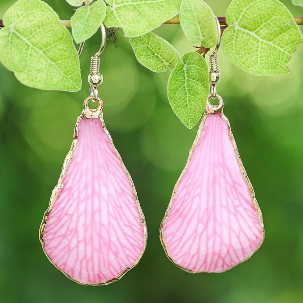 Soft-Pink Petal-Themed 22k Gold-Accented Dangle Earrings 'Dulcet Petal'