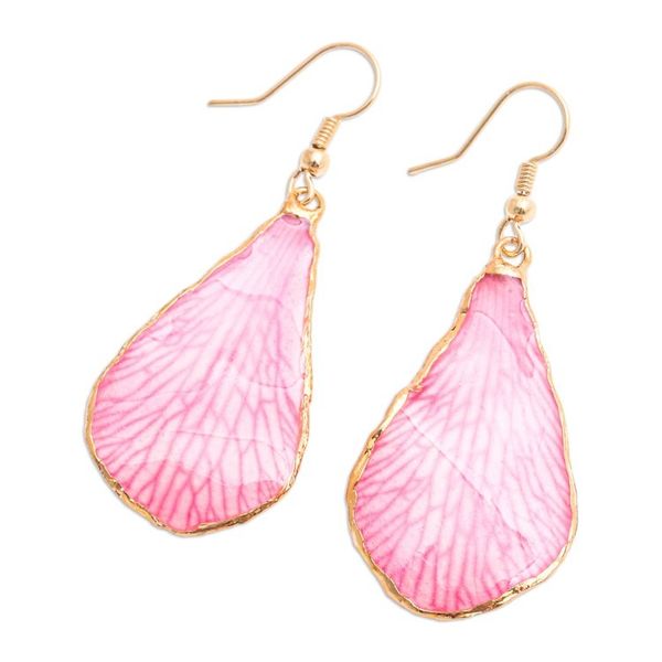 Alternate image for Soft-Pink Petal-Themed 22k Gold-Accented Dangle Earrings Dulcet Petal
