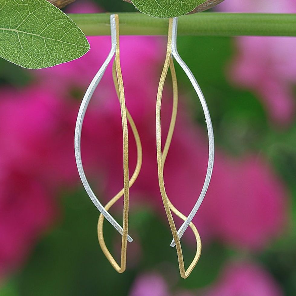Leafy 18k Gold-Accented Sterling Silver Drop Earrings 'Golden Wilderness'
