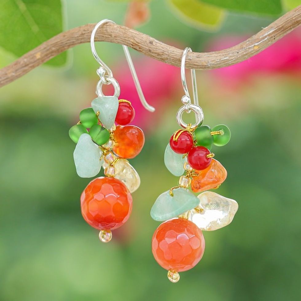 Chalcedony Citrine Quartz and Glass Beaded Cluster Earrings 'Orange and Green Glam'