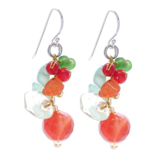 Alternate image for Chalcedony Citrine Quartz and Glass Beaded Cluster Earrings Orange and Green Glam