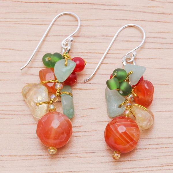 Alternate image for Chalcedony Citrine Quartz and Glass Beaded Cluster Earrings Orange and Green Glam