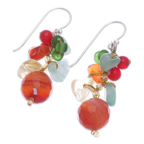 Alternate image for Chalcedony Citrine Quartz and Glass Beaded Cluster Earrings Orange and Green Glam