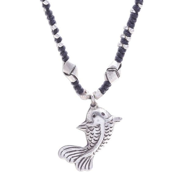 Alternate image for Good Fortune Fish-Themed Silver and Nylon Pendant Necklace Lucky Fin