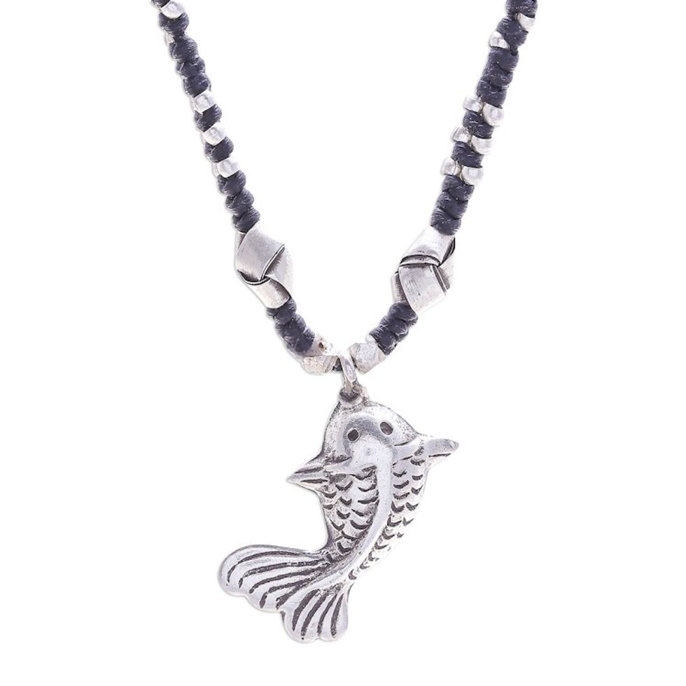 Good Fortune Fish-Themed Silver and Nylon Pendant Necklace 'Lucky Fin'