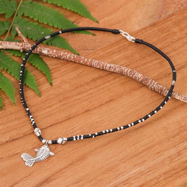 Alternate image for Good Fortune Fish-Themed Silver and Nylon Pendant Necklace Lucky Fin