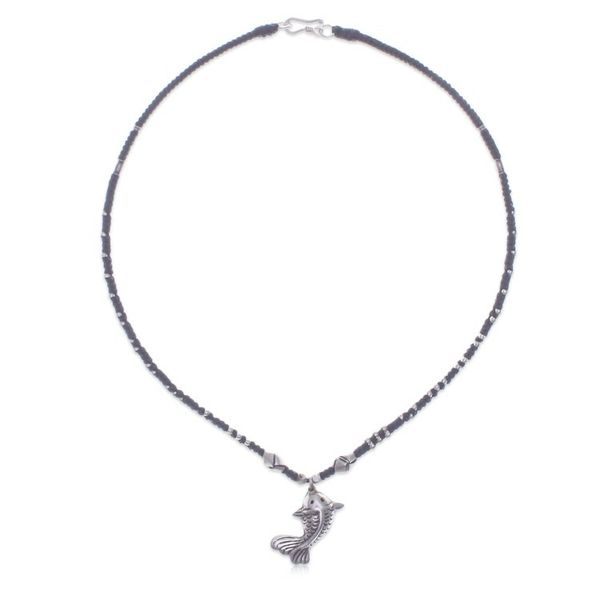 Alternate image for Good Fortune Fish-Themed Silver and Nylon Pendant Necklace Lucky Fin