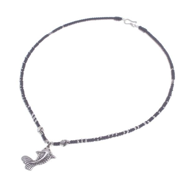 Alternate image for Good Fortune Fish-Themed Silver and Nylon Pendant Necklace Lucky Fin