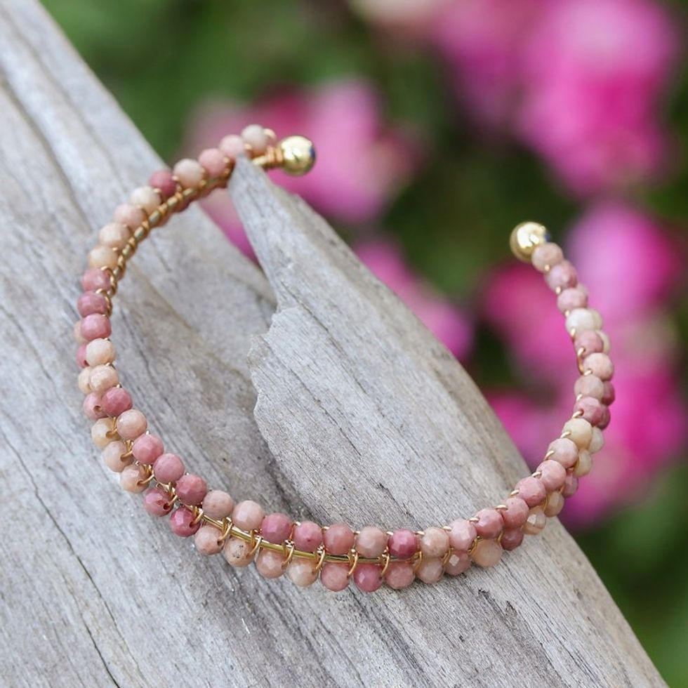 Pink Rhodochrosite Beaded Cuff Bracelet Handmade in Thailand 'Life of Emotions'