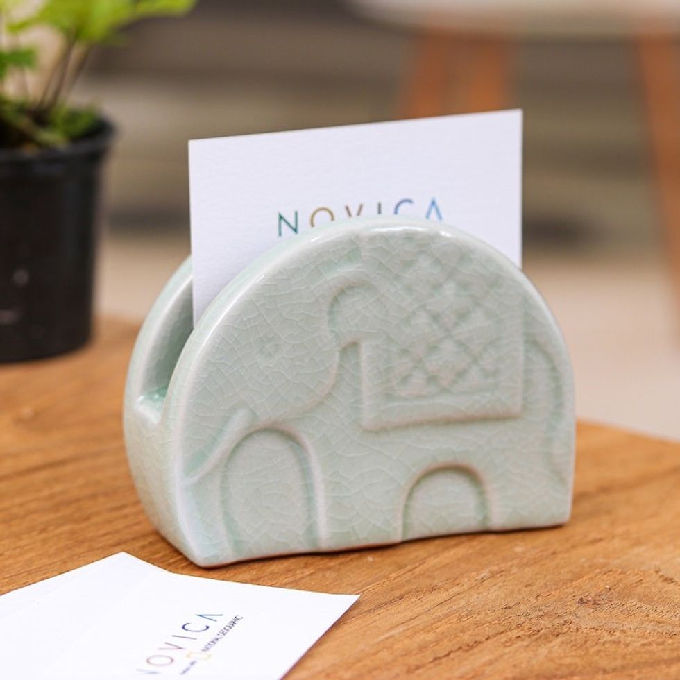 Celadon Ceramic Elephant Card Holder in a Crackled Finish 'Dapper Elephant'