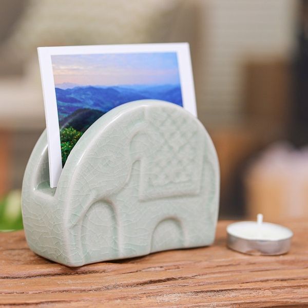 Alternate image for Celadon Ceramic Elephant Card Holder in a Crackled Finish Dapper Elephant