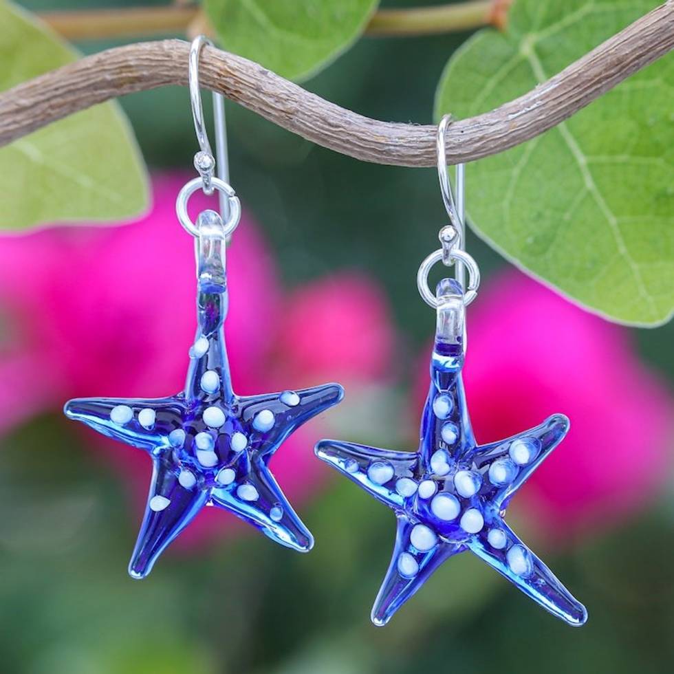 Blue White Handblown Glass Starfish Dangle Earrings 'Azure Starfish'