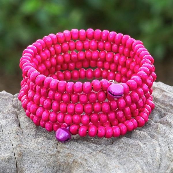 Alternate image for Fuchsia Beaded Wood Wrap Bracelet with Bells 1 In Fuchsia Spin