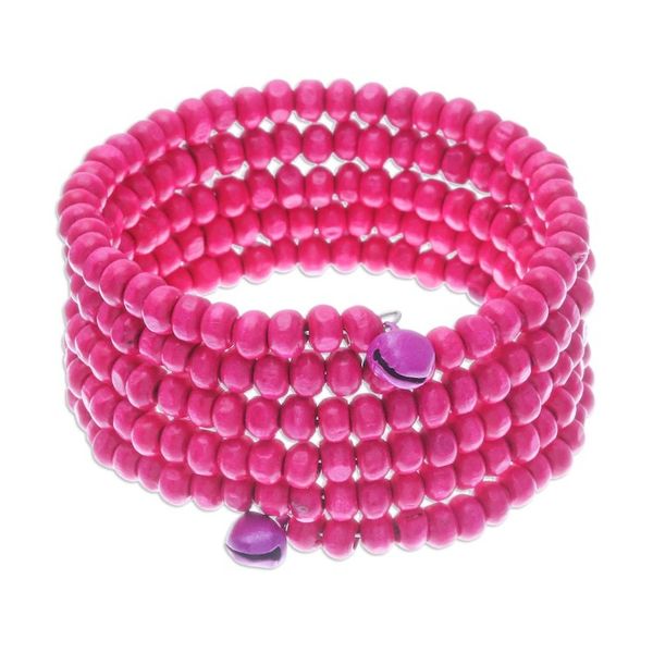 Alternate image for Fuchsia Beaded Wood Wrap Bracelet with Bells 1 In Fuchsia Spin
