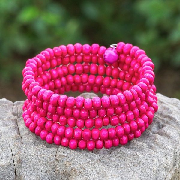 Alternate image for Fuchsia Beaded Wood Wrap Bracelet with Bells 1 In Fuchsia Spin