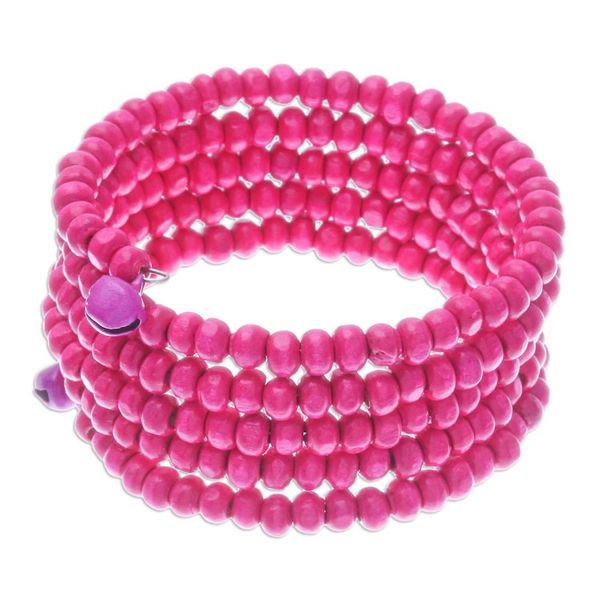 Alternate image for Fuchsia Beaded Wood Wrap Bracelet with Bells 1 In Fuchsia Spin