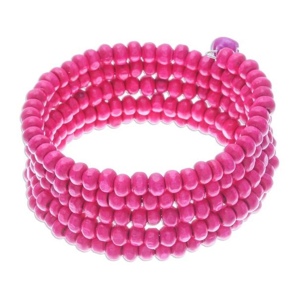 Alternate image for Fuchsia Beaded Wood Wrap Bracelet with Bells 1 In Fuchsia Spin