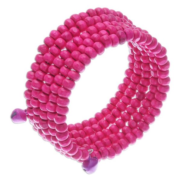 Alternate image for Fuchsia Beaded Wood Wrap Bracelet with Bells 1 In Fuchsia Spin