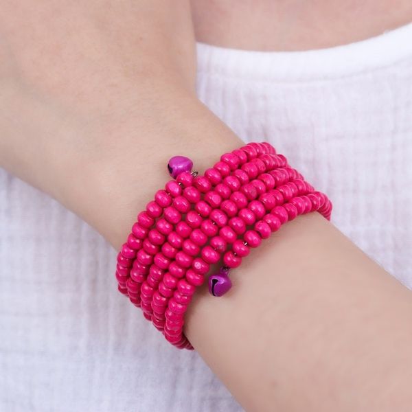 Alternate image for Fuchsia Beaded Wood Wrap Bracelet with Bells 1 In Fuchsia Spin