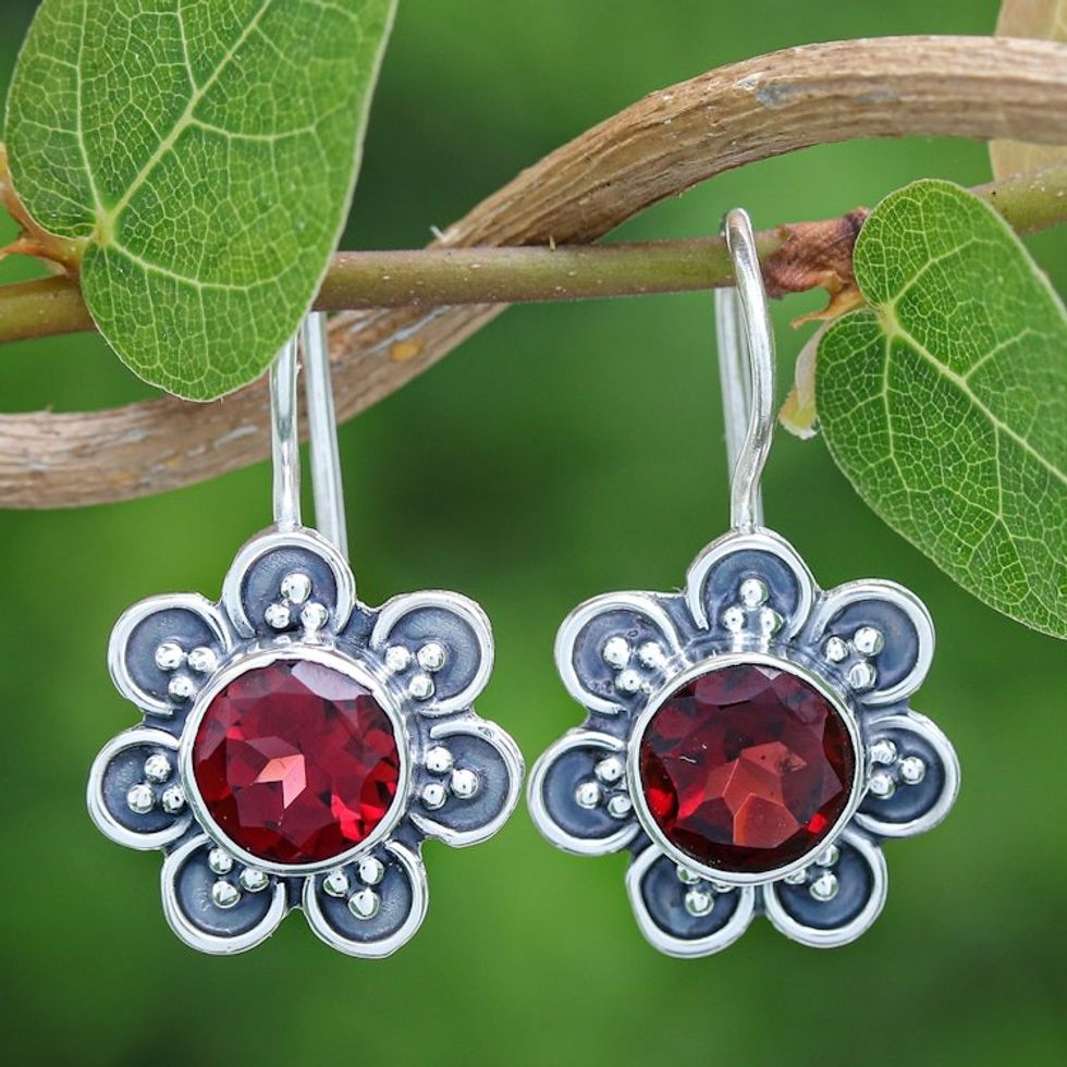 Floral Faceted Natural Two-Carat Garnet Drop Earrings 'Spring in Scarlet'