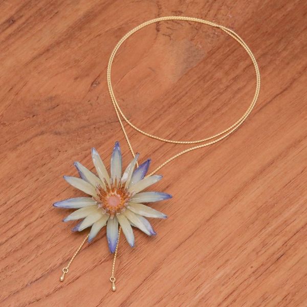 Alternate image for Natural Water Lily Lariat Necklace with Gold-Plated Chain Chic Water Lily
