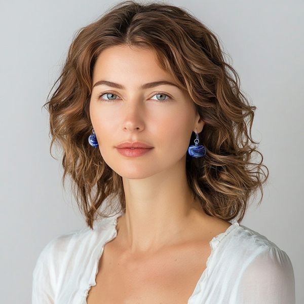 Alternate image for Handblown Glass Heart Dangle Earrings in Blue and White Loving Blue