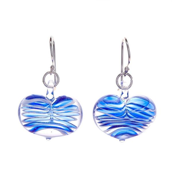 Alternate image for Handblown Glass Heart Dangle Earrings in Blue and White Loving Blue