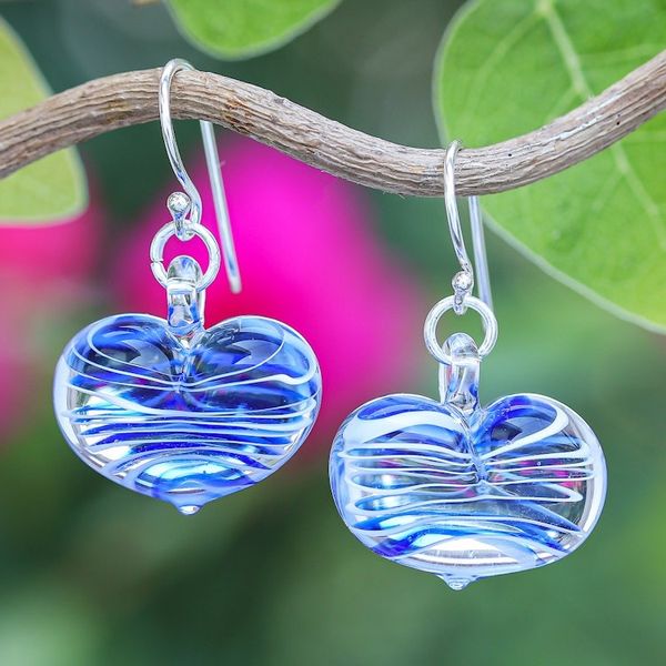Alternate image for Handblown Glass Heart Dangle Earrings in Blue and White Loving Blue