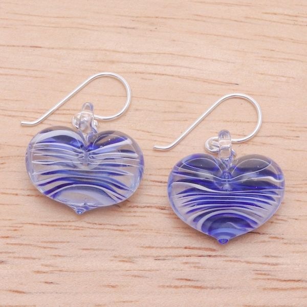 Alternate image for Handblown Glass Heart Dangle Earrings in Blue and White Loving Blue