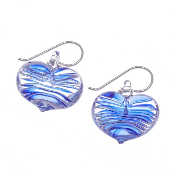 Alternate image for Handblown Glass Heart Dangle Earrings in Blue and White Loving Blue
