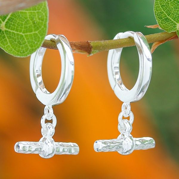 Alternate image for Modern Hammered Polished Sterling Silver Hoop Earrings Chic Spell