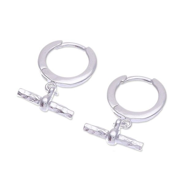 Alternate image for Modern Hammered Polished Sterling Silver Hoop Earrings Chic Spell