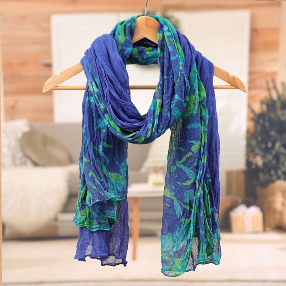 2 Tie-Dyed Hand-Woven Blue and Green Batik Cotton Scarves 'Sea Splendor'