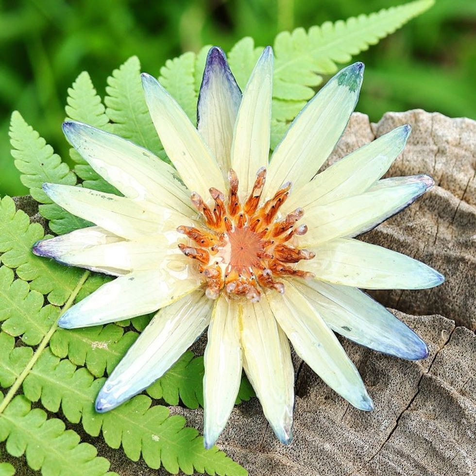 Blue and Ivory Natural Waterlily Flower Resin Brooch Pin 'Serene Rebirth'