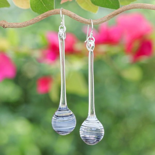Alternate image for Handblown Abstract Clear and Black Glass Dangle Earrings Shadow Pendulum