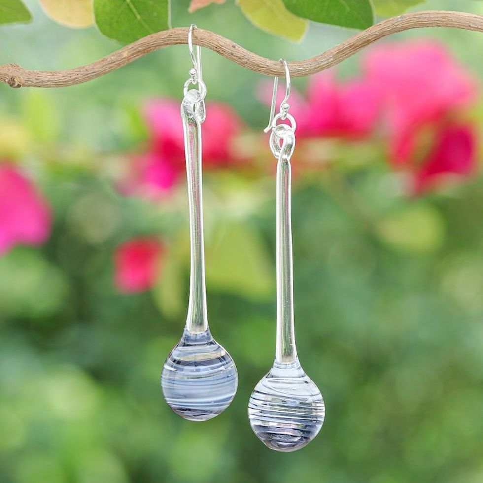 Handblown Abstract Clear and Black Glass Dangle Earrings 'Shadow Pendulum'