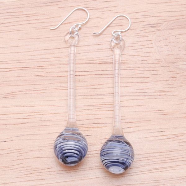 Alternate image for Handblown Abstract Clear and Black Glass Dangle Earrings Shadow Pendulum